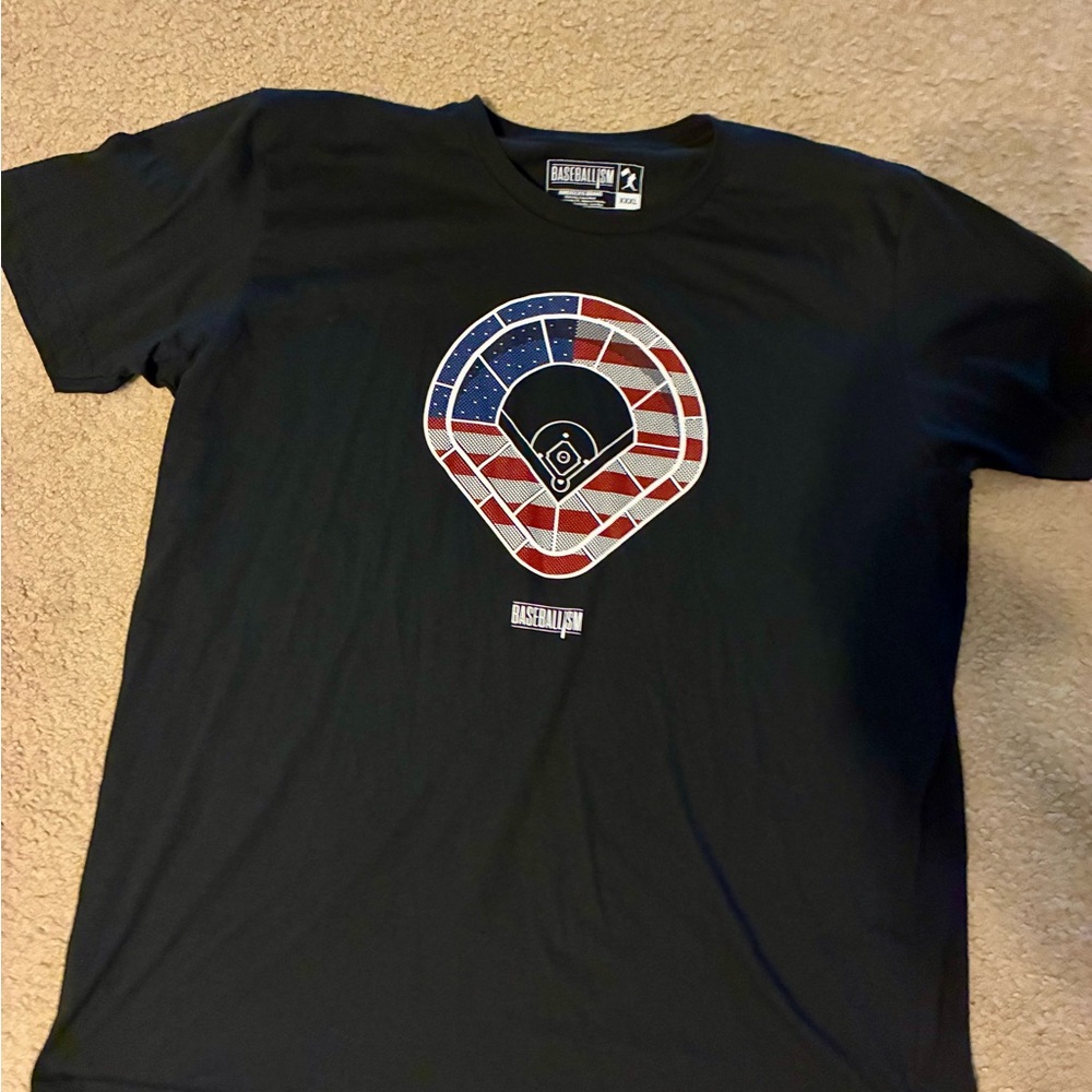 Black Baseballism T-Shirt with American Flag Design